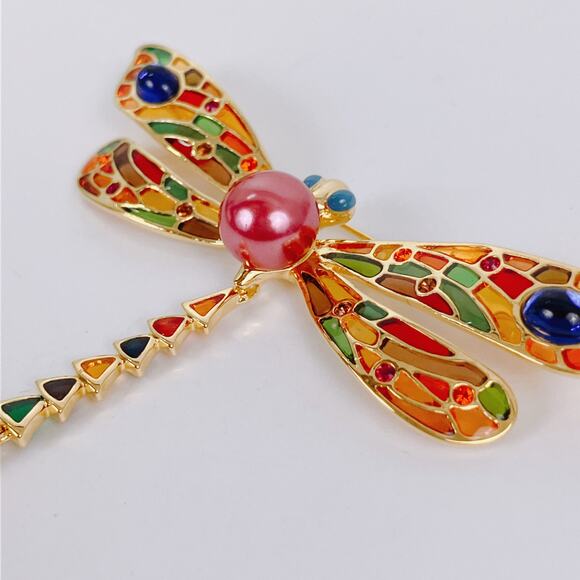 VTG Joan Rivers Signed Dragonfly Brooch Gold Tone Enamel Articulated Colorful - Picture 4 of 12